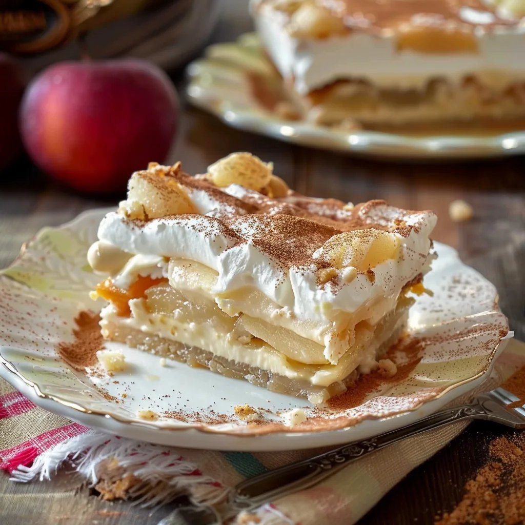 Apfel-Amarettini-Kuchen und Puddingsahne