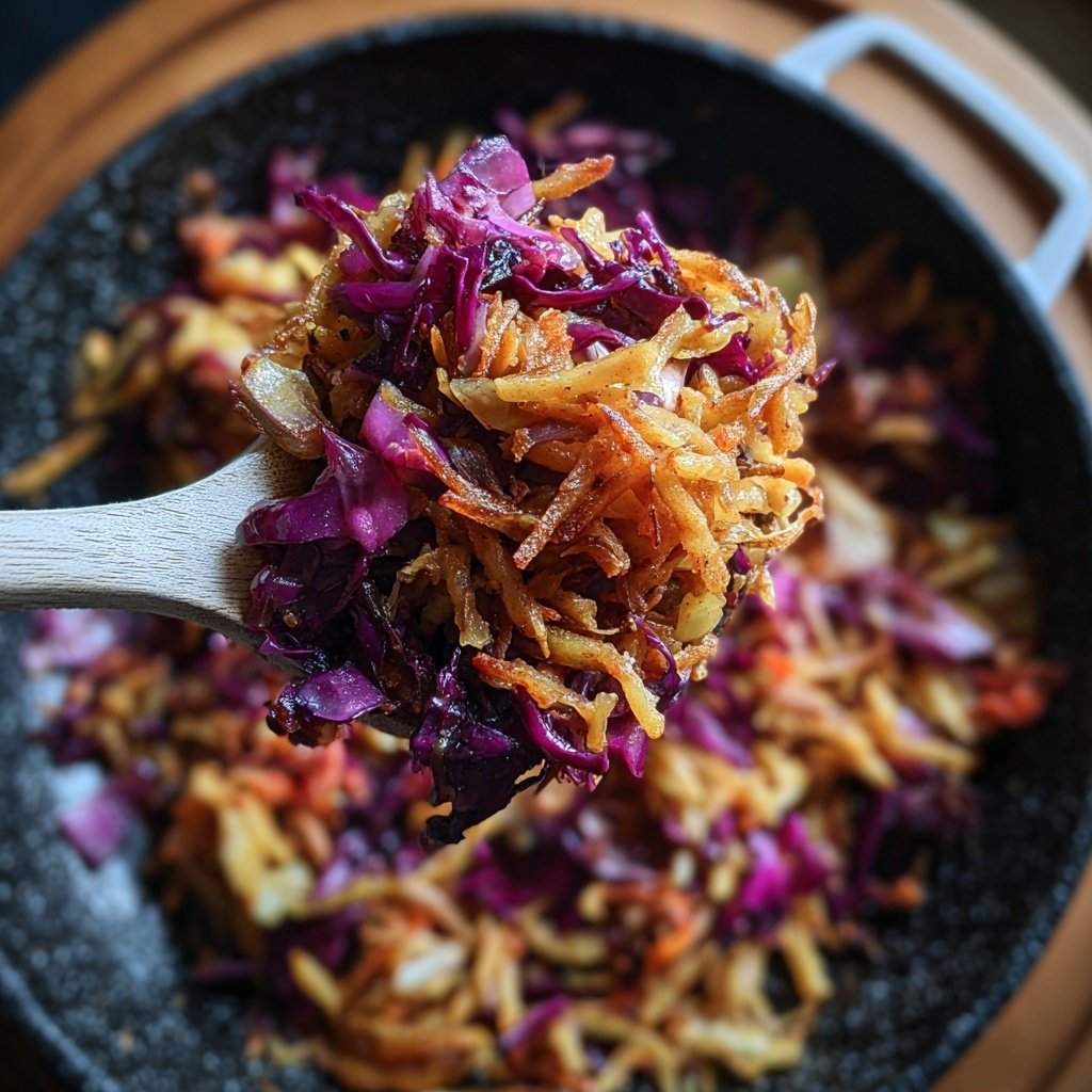 Winter-Schupfnudelpfanne mit Rotkohl und Mock Duck